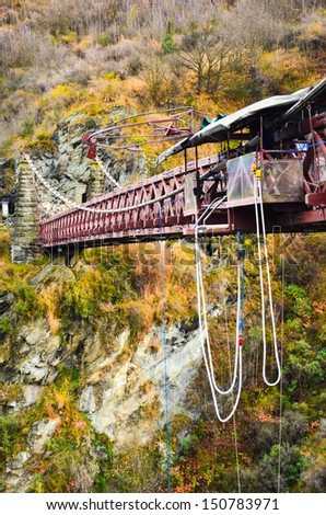 Bungee jumping-Kawarau Bridge near Queenstown. Commercial Bungy Jumping was born here in 1988 and every year tens of thousands make the 43 meter jump.