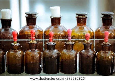 Laboratory equipment. Bottles of chemicals in the laboratory