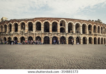 VERONA, ITALY - April  8: Verona Arena in a beautiful spring day in Verona, Italy (Arena di Verona) on April  8, 2014