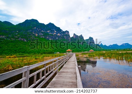 Wooden pavilion and wooden bridge in lotus lake, Samroiyod national park, thailand