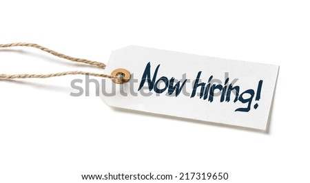 Tag on a white background with the text Now hiring