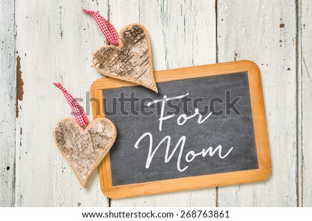 Blackboard with hearts made of bark - For Mom