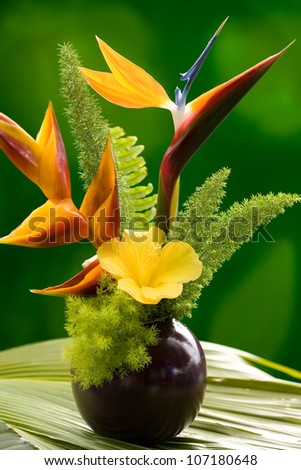 Hibiscus, Heliconia and Bird of Paradise flowers  in a vase in the garden. Hawaii, Maui, USA