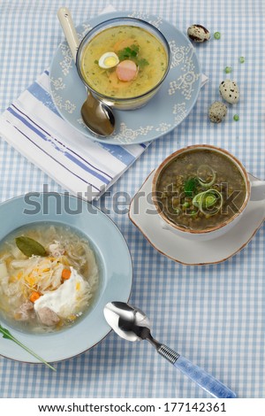 Cabbage soup with  quail egg and lentil soup