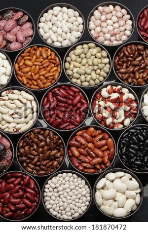 Different types of beans in the round bowls