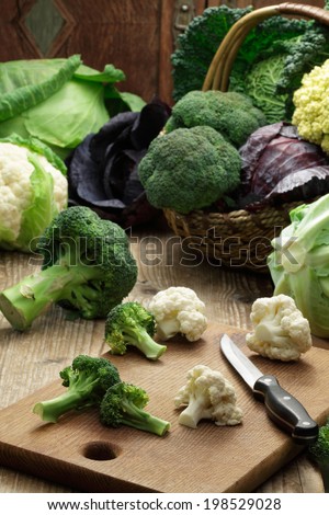 Basket with different cabbages: broccoli, cauliflower, brussel sprouts, chinese cabbage, savoy cabbage, red cabbage