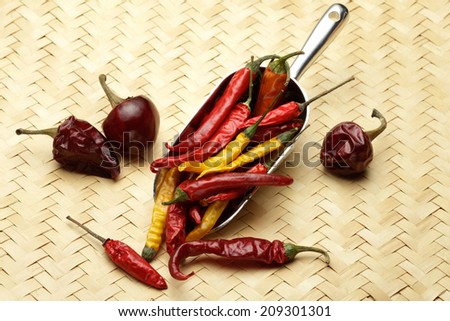 Dry chili pepper and  chili powder  in a scoop