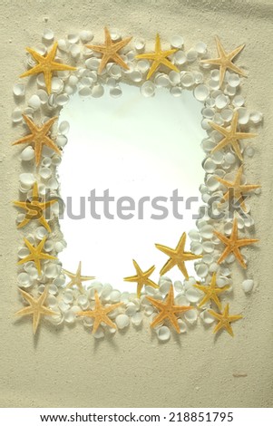 Sea shells and sea stars arrangement on  white sand as a frame,  still life