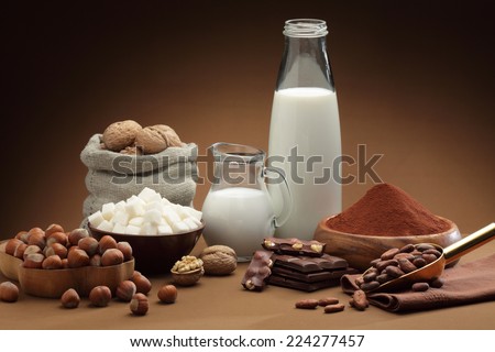 Ingredients to make chocolate: cocoa beans, milk, nuts, sugar, cocoa powder