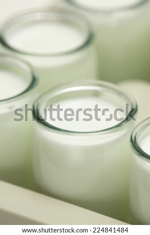 Many yoghurt jars of fresh live homemade yogurt in yoghurt maker