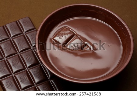 Chocolate bar and  melted chocolate in a bowl