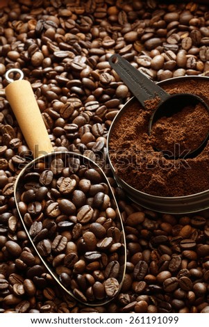 coffee, coffee beans, coffee beans background, ground coffee, scoop, coffee scoop, abundance, instant coffee, food and drink