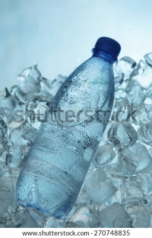 Mineral water bottle on ice cubes background