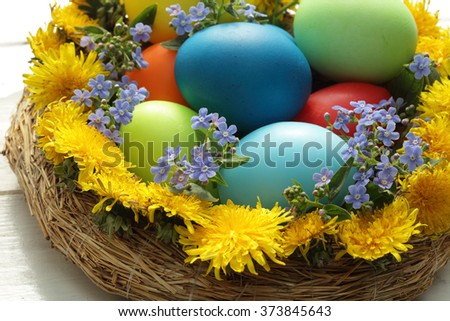 Easter eggs basket/ painted Easter eggs/ Easter background/ spring flowers/ Easter flowers