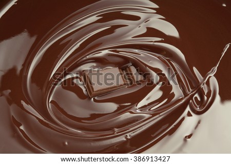 Melted chocolate swirl with chocolate bar piece/ chocolate background
