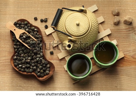 Tea ceremony, green tea, tea pot and tea cups