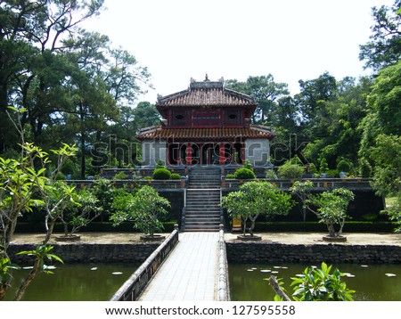 Trung Dao bridge and pavilion at Minh Mang Emperor Royal Tomb in Hue, Vietnam