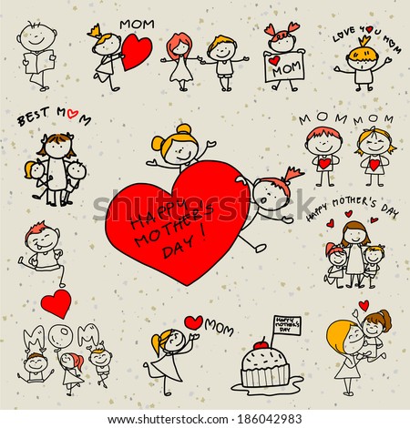 hand drawing cartoon concept happy kids happy mother's day hand drawing cartoon concept happy kids happy mother's day