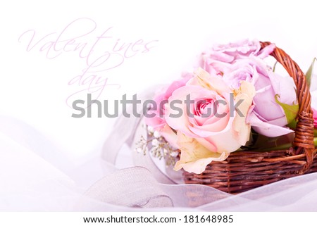 pink roses in brown basket for withe background