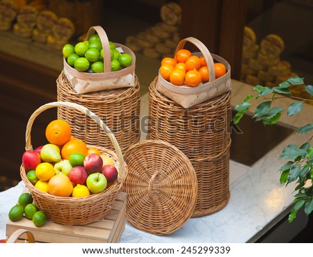 MOSCOW - JULY 29: Fruit baskets standing on the counter in the GUM store on July 29, 2014 in Moscow.
