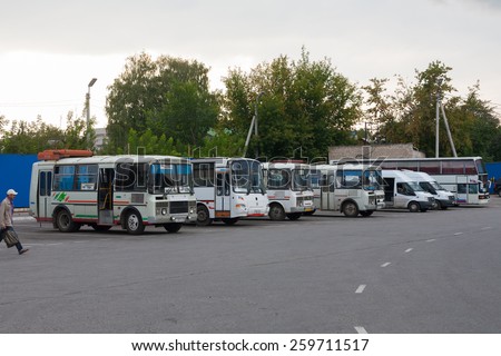 RYAZAN, RUSSIA - AUGUST 25: Small busses in a bus station on August 25, 2014 in Ryazan city. Ryazan is administrative center of Ryazan Oblast.