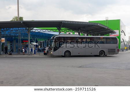 RYAZAN, RUSSIA - AUGUST 25: Large bus at a bus station on August 25, 2014 in Ryazan city. Ryazan is administrative center of Ryazan Oblast.