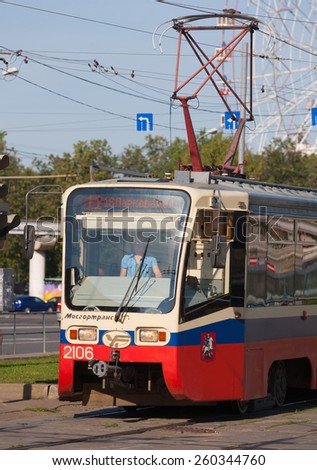 MOSCOW - AUGUST 24: Tram in Galushkina Street on August 24, 2014 in Moscow. Moscow tramway network is a key element of the public transport system in Moscow.