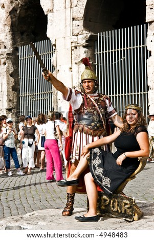 The Roman legionary in ancient armour and his woman