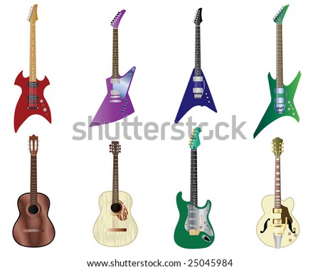 stock vector : Set of full color acoustic and electric guitars