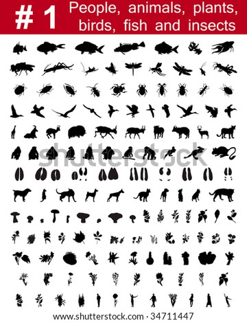 Set # 1. Big collection of collage vector silhouettes of people, animals, birds, fish, flowers and insects