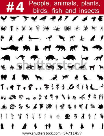 Set # 4. Big collection of collage vector silhouettes of people, animals, birds, fish, flowers and insects