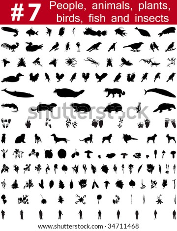 Set # 7. Big collection of collage vector silhouettes of people, animals, birds, fish, flowers and insects