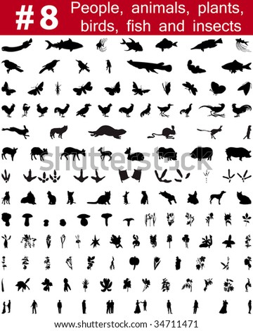 Set # 8. Big collection of collage vector silhouettes of people, animals, birds, fish, flowers and insects
