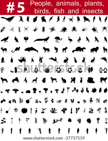 Set # 5. Big collection of collage silhouettes of people, animals, birds, fish, flowers and insects