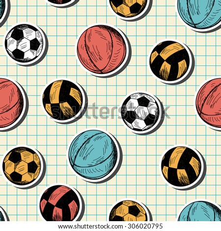 Seamless pattern with hand drawn different sport balls on checkered copybook background