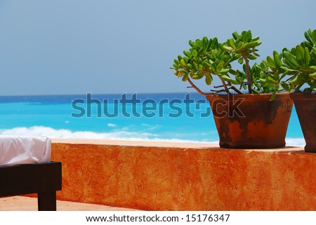 Jade plants and spa bed with caribbean ocean in background