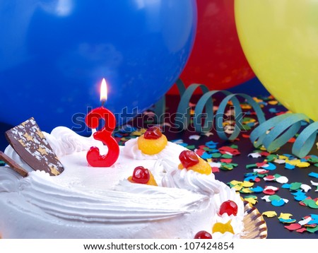 Birthday-anniversary cake with red candle showing Nr. 3