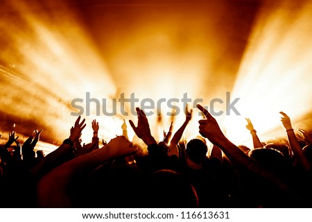 cheering crowd in front of bright stage lights