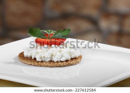 Sharply focused close up of fresh cottage cheese canape on blurred stone wall background. Image for a restaurant snack menu or party invitation cover design