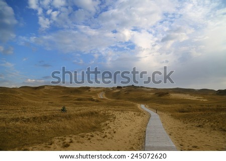 Loneliness and solitude concept - Deserted landscape with gone distance footpath among yellow sand dunes under cloudy blue sky