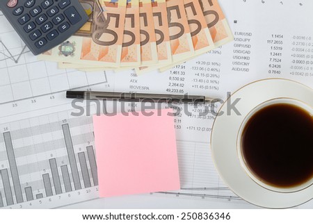 Stock market, finances, business and money concept - calculator, pen, cup of black coffee and 50 euro banknotes over stock quotes and charts with pink sticker space for text message
