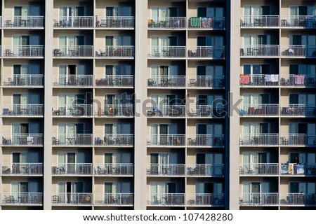Hotel windows and balconies viewed from the ocean in Ocean City, Maryland.