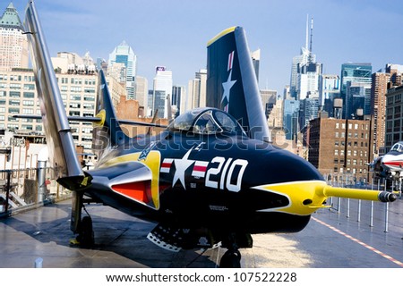 NEW YORK CITY, NY - JULY 9: A fighter jet on the flight deck of the USS Intrepid on July 9, 2011 in Manhattan, New York. The USS Intrepid hosts the Intrepid Sea, Air and Space Museum in New York City.