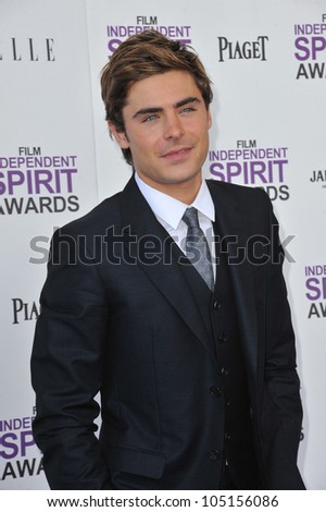 SANTA MONICA, CA - FEBRUARY 25, 2012: Zac Efron at the 2012 Film Independent Spirit Awards on the beach in Santa Monica, CA. February 25, 2012  Santa Monica, CA