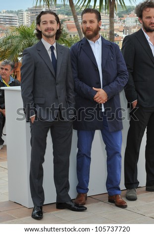 CANNES, FRANCE - MAY 19, 2012: Shia LaBeouf & Tom Hardy (right) at the photocall for their new movie \