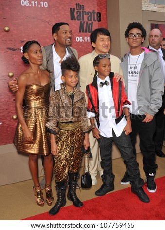 LOS ANGELES, CA - JUNE 6, 2010: Jackie Chan with Will Smith, Jada Pinkett Smith, Jaden Smith, Willow Smith & Trey Smith at the premiere of  \