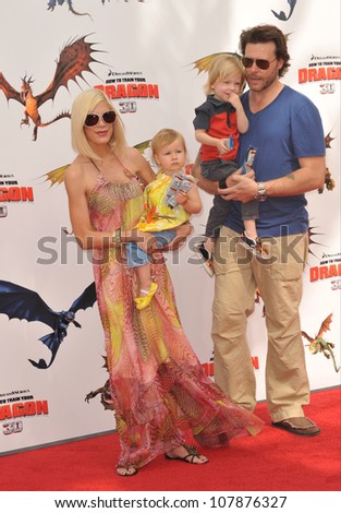 LOS ANGELES, CA - MARCH 21, 2010: Tori Spelling & family at the Los Angeles premiere of Dreamworks Animation\'s \