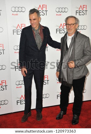 LOS ANGELES, CA - NOVEMBER 8, 2012: Daniel Day-Lewis & director Steven Spielberg at the AFI Fest premiere of their movie \