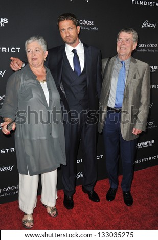LOS ANGELES, CA - MARCH 18, 2013: Gerard Butler & parents at the Los Angeles premiere of his movie \