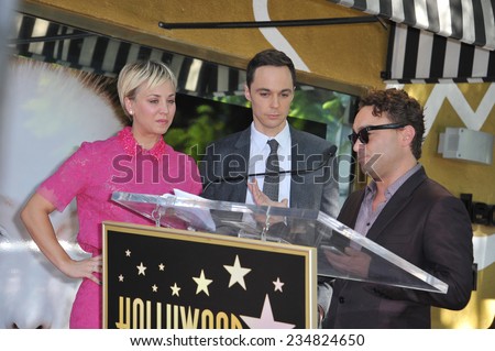 LOS ANGELES, CA - OCTOBER 29, 2014:  Kaley Cuoco & co-stars from The Big Bang Theory - Jim Parsons & Johnny Galecki - on Hollywood Blvd where she received star on the Hollywood Walk of Fame.